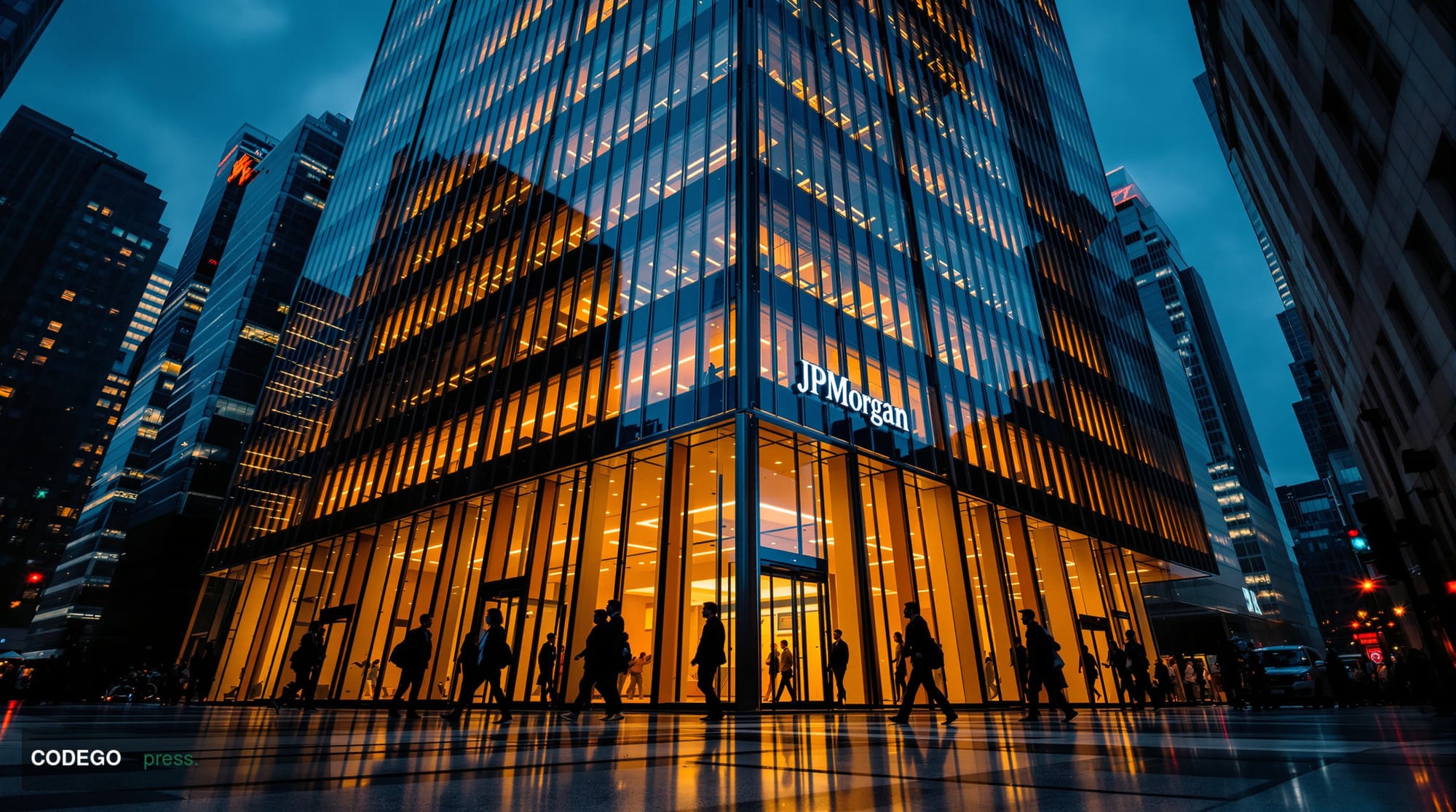 A sweeping low-angle cinematic shot of JPMorgan's iconic Manhattan headquarters glass tower at dusk, captured from street lev