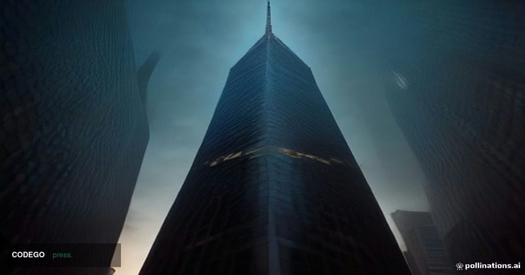 A cinematic editorial photograph shot from a low angle looking up at a monumental glass-and-steel financial tower in Lower Ma