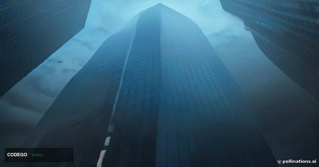 A commanding low-angle shot of a towering glass-and-steel corporate banking tower in midtown Manhattan, photographed at dusk 