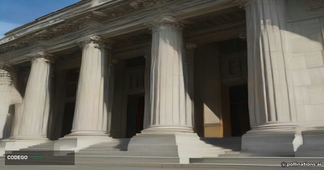 A stately federal courthouse exterior rendered in dramatic late-afternoon light, its towering stone columns casting long shad