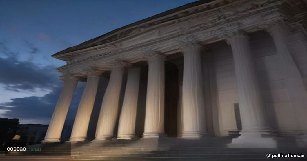 A solemn federal courthouse exterior at dusk, photographed from a low angle looking up at imposing neoclassical stone columns