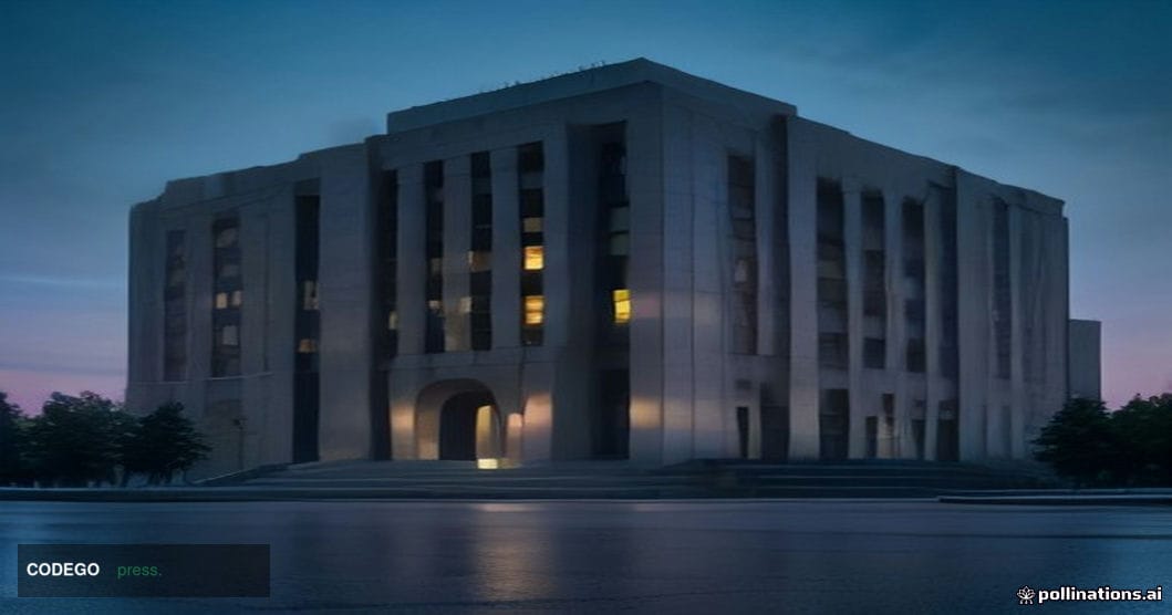 A dramatic wide-angle exterior shot of a monumental Soviet-era courthouse building in Almaty, Kazakhstan, photographed at dus