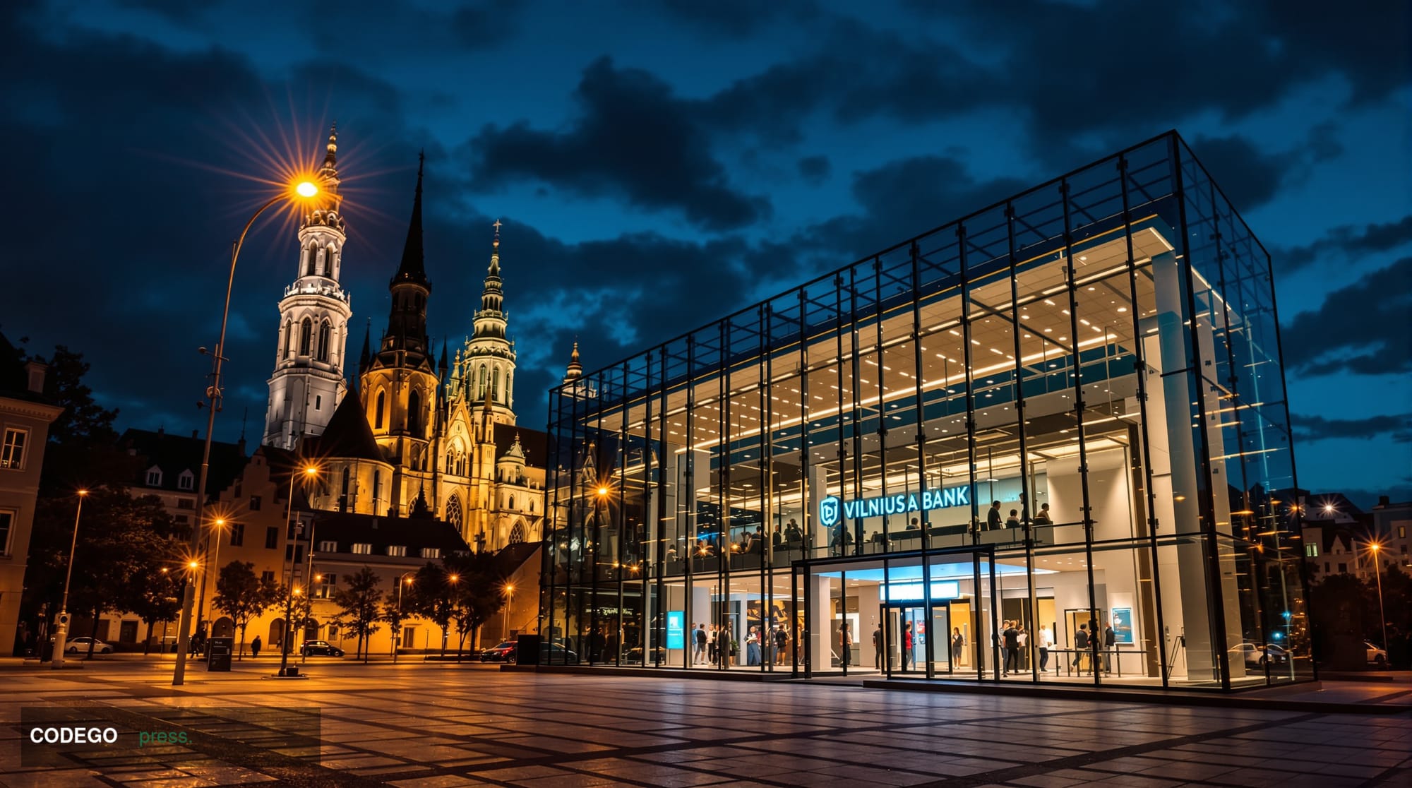 A cinematic editorial photograph set at twilight in Vilnius, Lithuania, with the iconic Gothic spires and baroque rooftops of