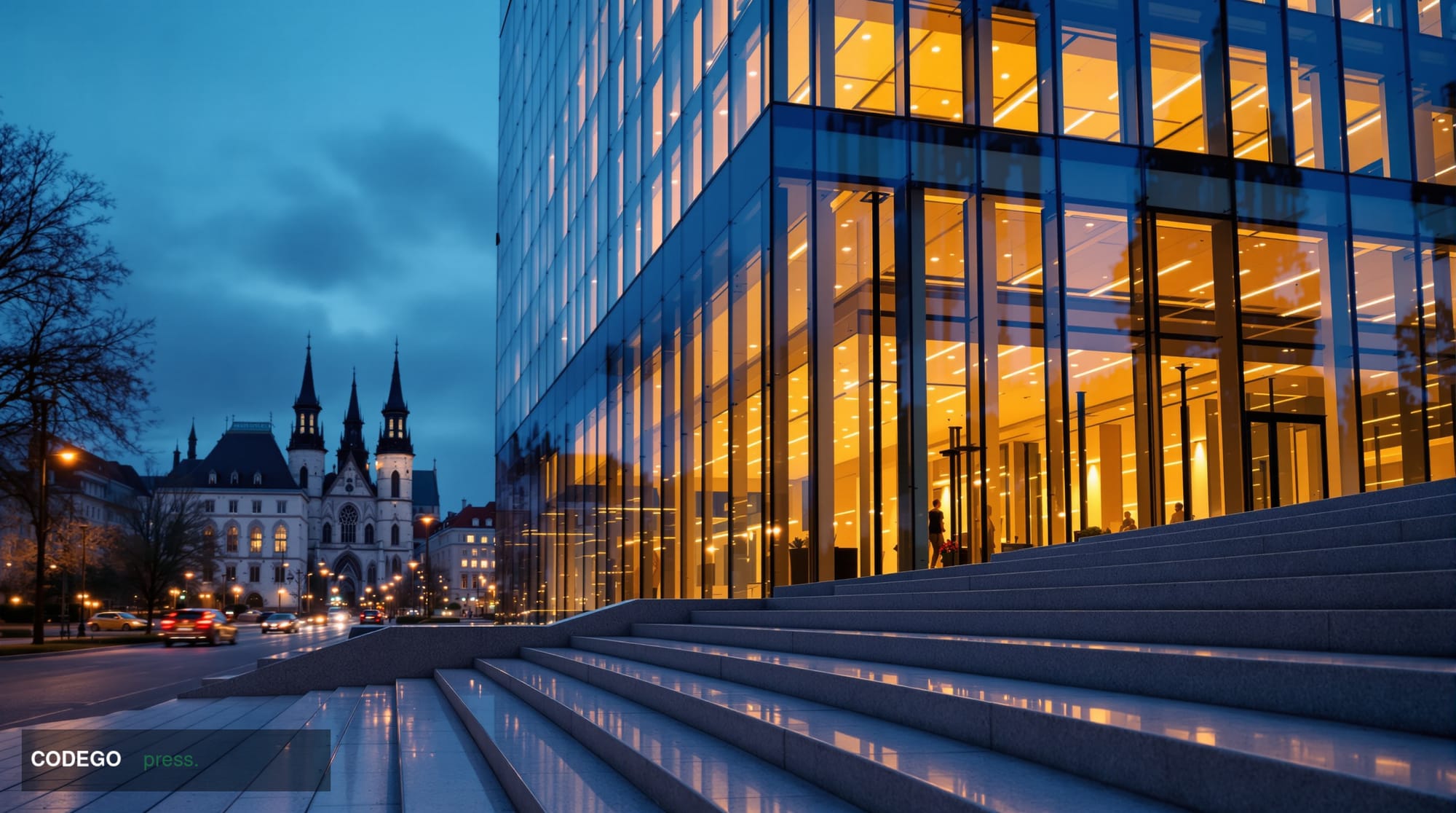 A cinematic editorial photograph of a modern glass-and-steel European bank headquarters at dusk, set against the unmistakable