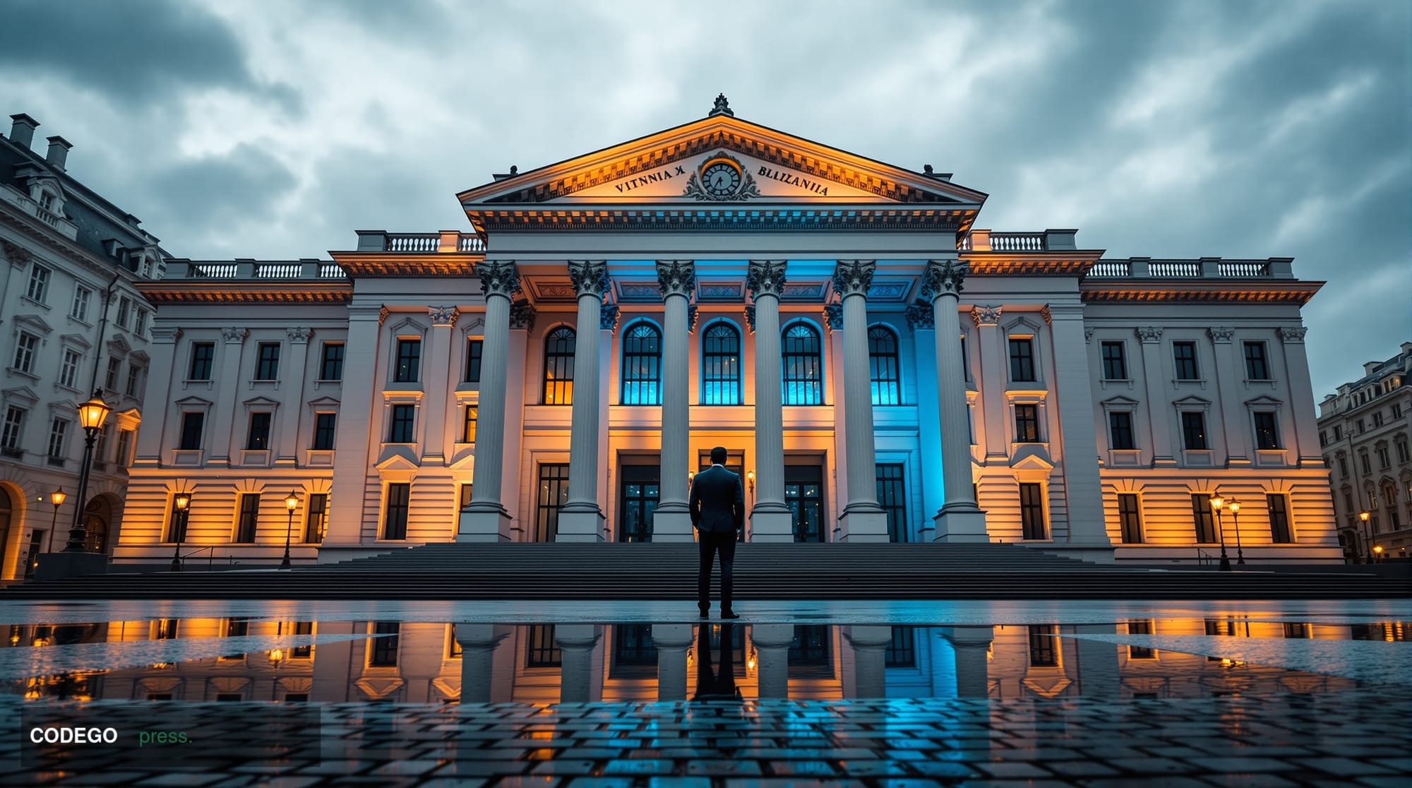 A cinematic editorial photograph of a grand Lithuanian neoclassical banking building in Vilnius, its pale limestone façade gl