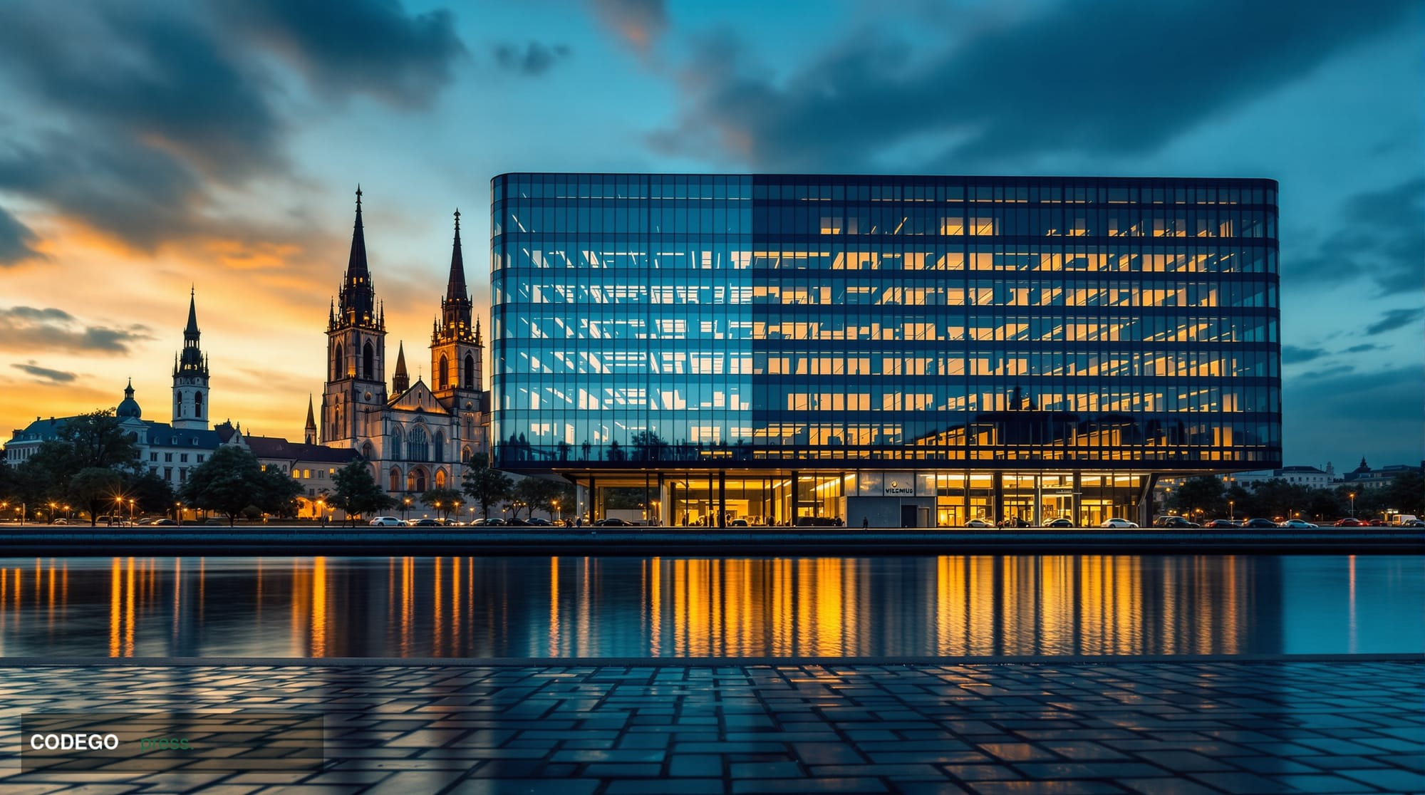 A dramatic cinematic editorial photograph shot at dusk in Vilnius, Lithuania, capturing the iconic Gothic spires and neoclass