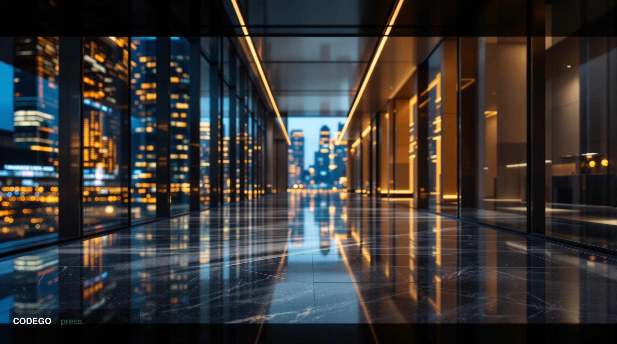 A cinematic editorial photograph depicting a sleek, modern banking corridor connecting two distinct architectural styles — on