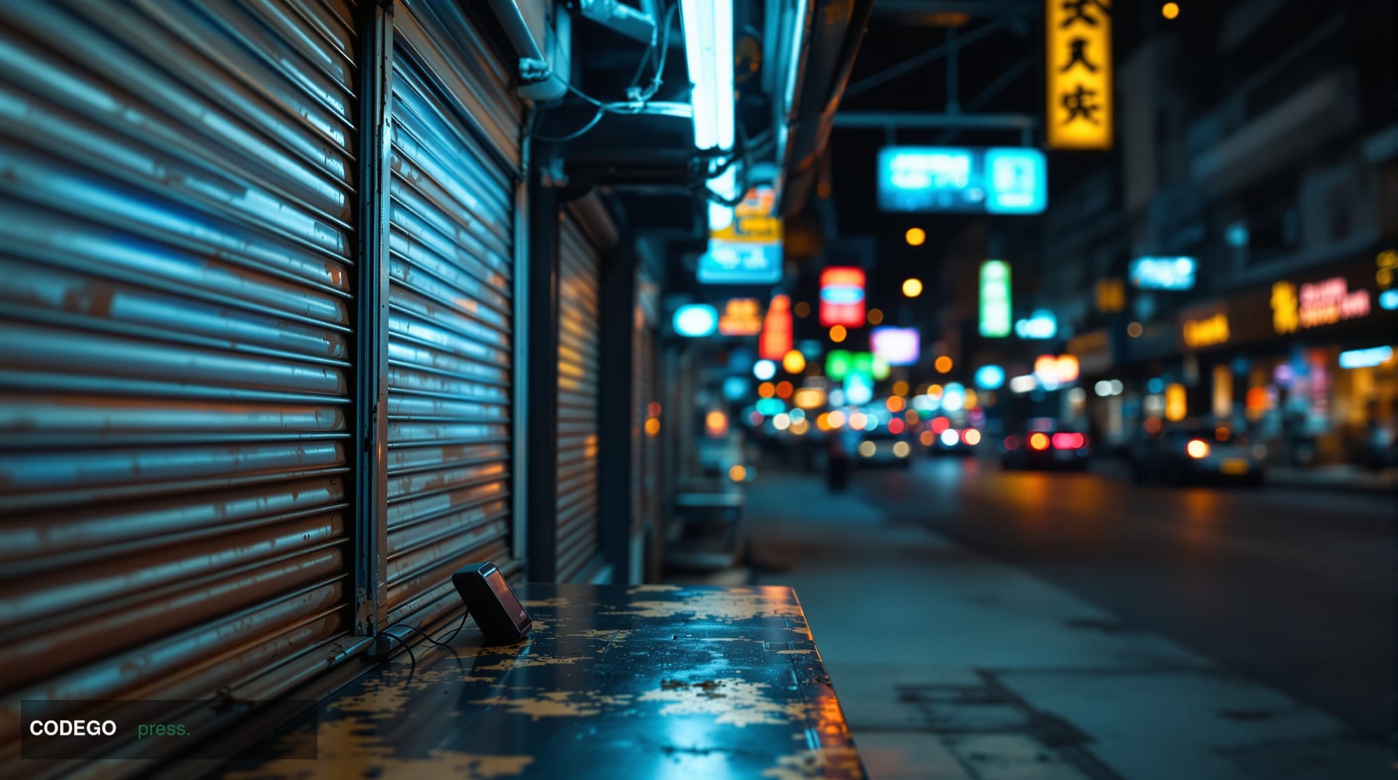 A photorealistic cinematic editorial photograph capturing a Southeast Asian urban commercial district at dusk — specifically 