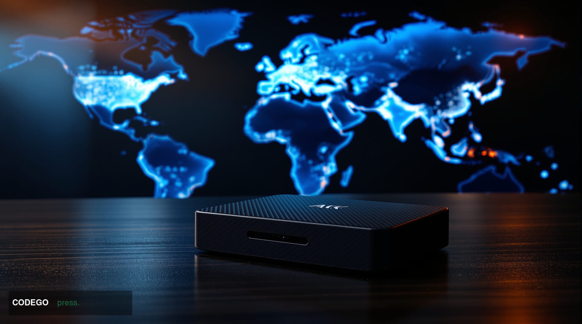 A dramatic cinematic close-up of a matte black hardware cryptocurrency wallet device resting on a dark mahogany desk surface,