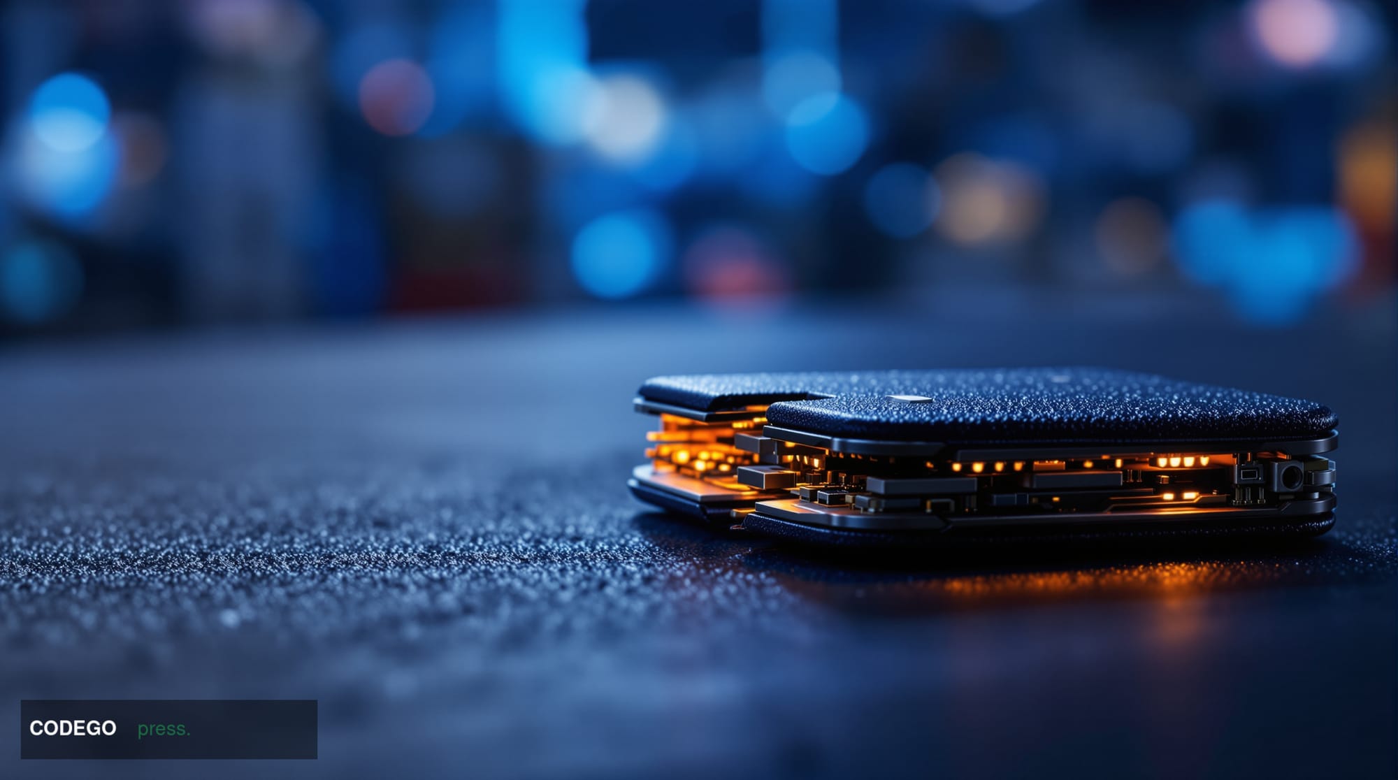 A cinematic editorial close-up photograph of a physical hardware cryptocurrency wallet device resting on a dark matte surface