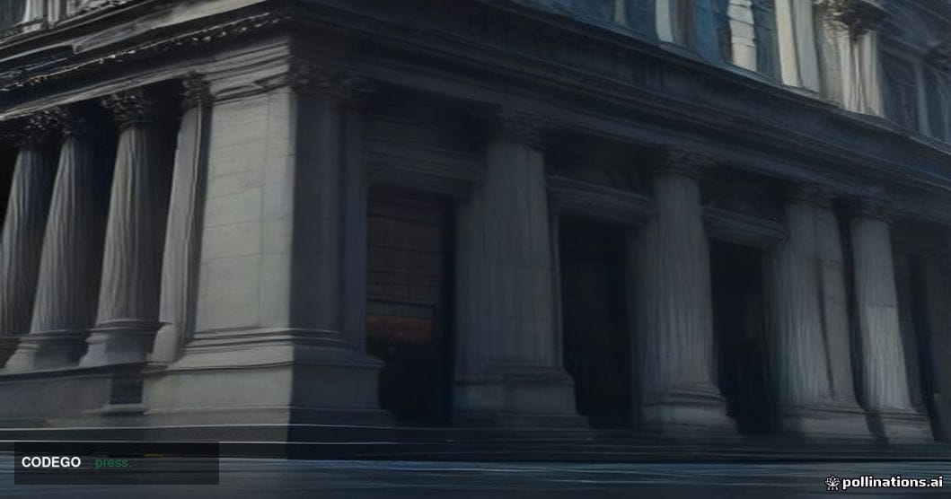 A dramatic low-angle exterior shot of a grand British banking institution's classical stone façade in the City of London fina