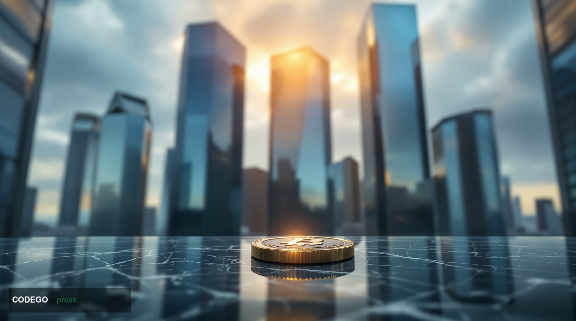 A cinematic editorial photograph set in the financial district of the City of London, with the iconic glass-and-steel towers 