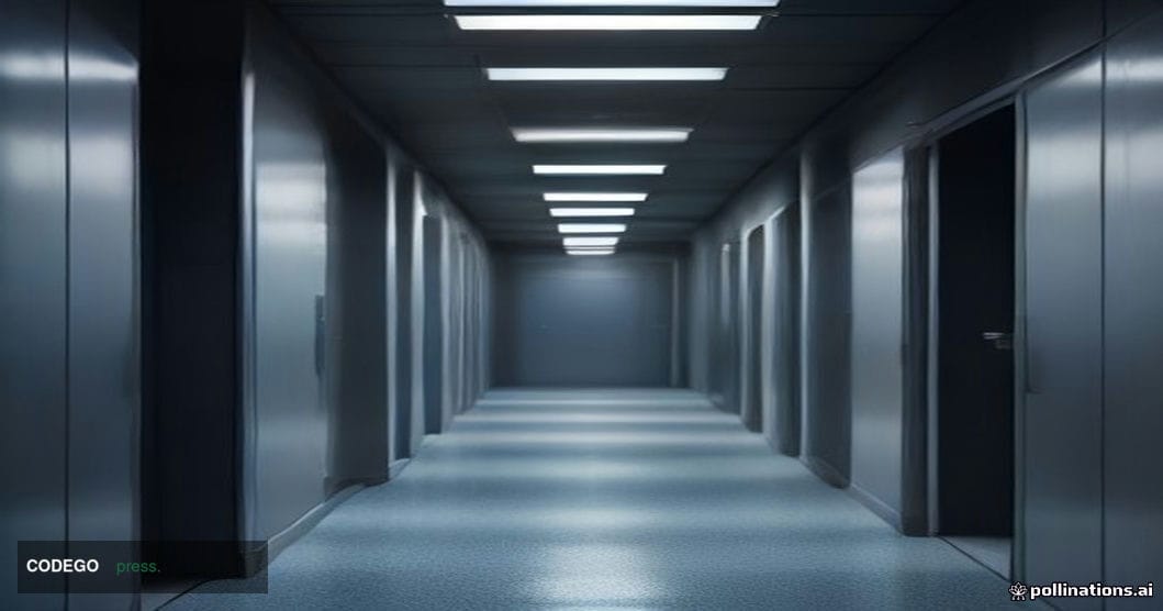 A dramatic cinematic editorial photograph set inside a high-security financial institution's data center corridor, shot from 