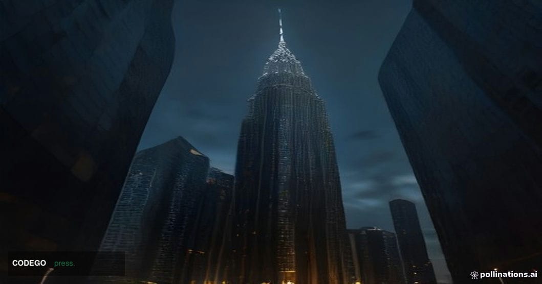 A dramatic cinematic editorial photograph shot at ground level looking up at a modernist Malaysian government financial insti
