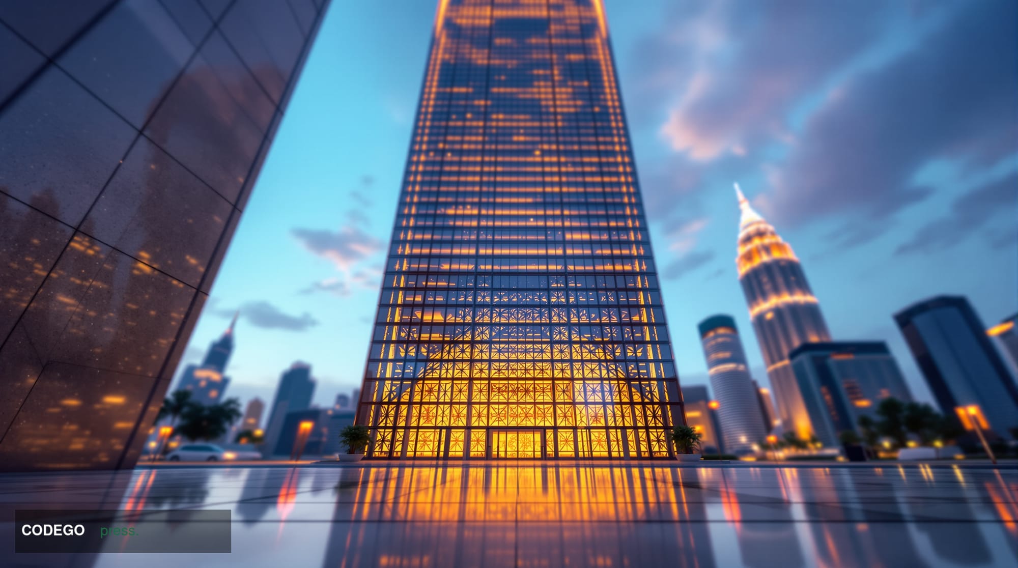 A cinematic editorial photograph of a modern glass-and-steel Islamic financial district building in Kuala Lumpur, photographe