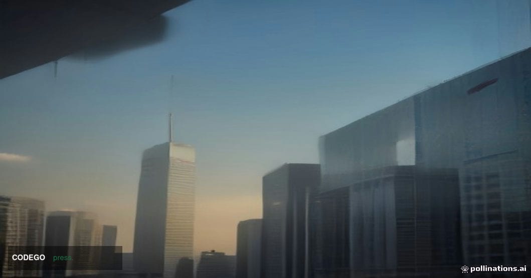 A cinematic editorial photograph shot at low angle looking upward toward three modernist central bank headquarters arranged i