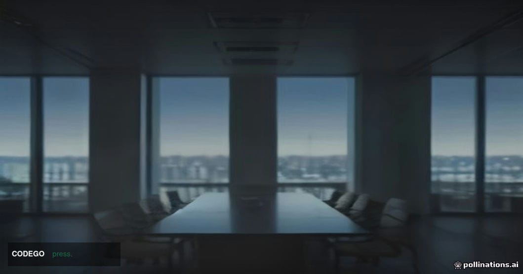 A cinematic editorial photograph of a sleek modern corporate boardroom in San Francisco, shot from a low angle looking up tow