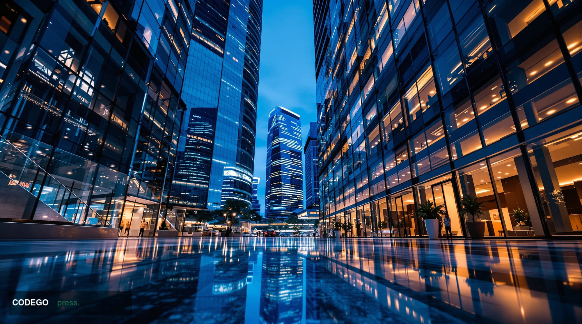 A cinematic editorial photograph of Singapore's iconic Marina Bay financial district at dusk, captured from a low wide-angle 