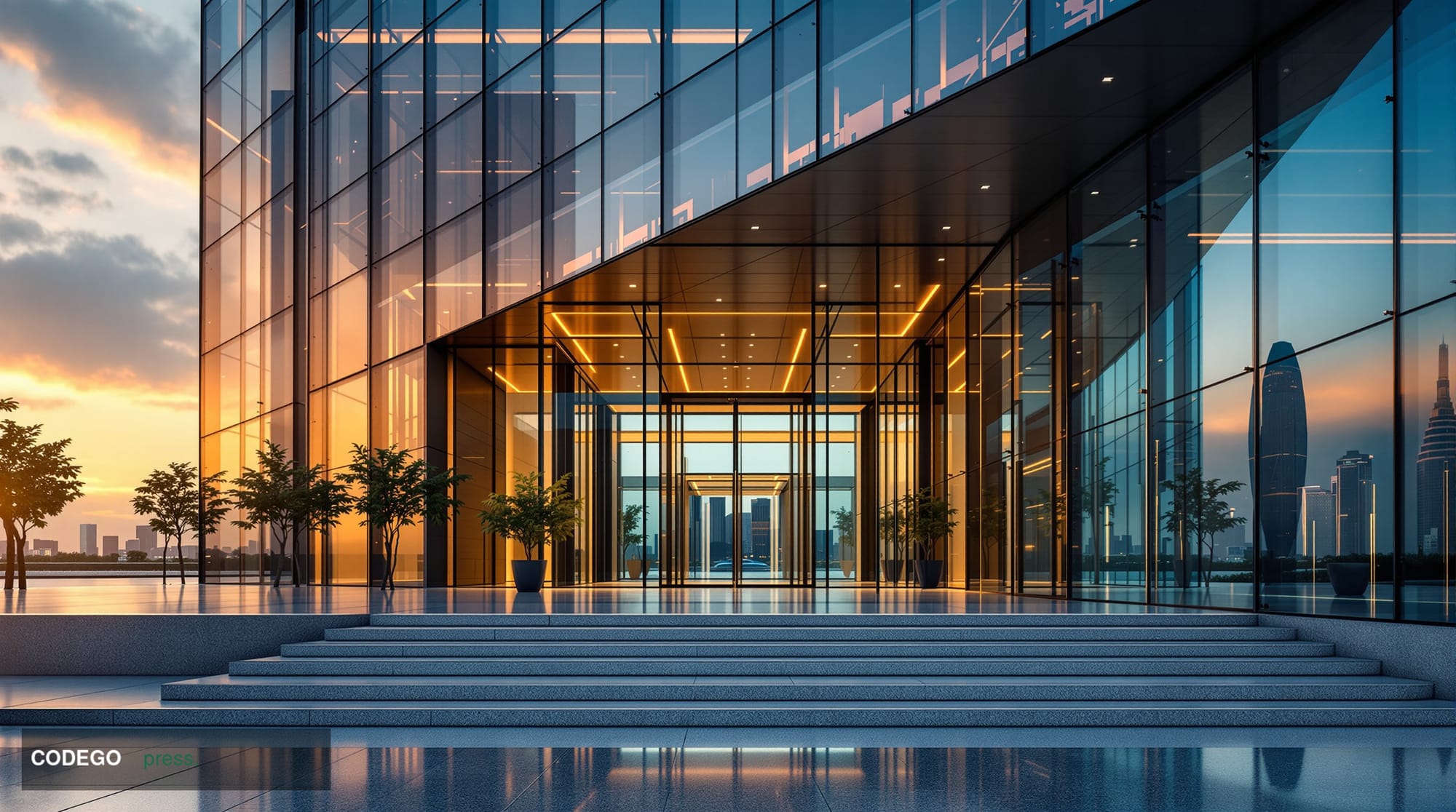 A photorealistic editorial photograph of a sleek, modernist financial authority headquarters in Singapore, shot from a low an