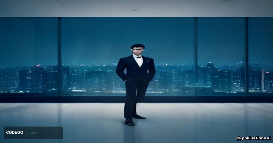 A dramatic cinematic editorial photograph set in a sleek, modern financial district in Singapore, with the iconic Marina Bay 