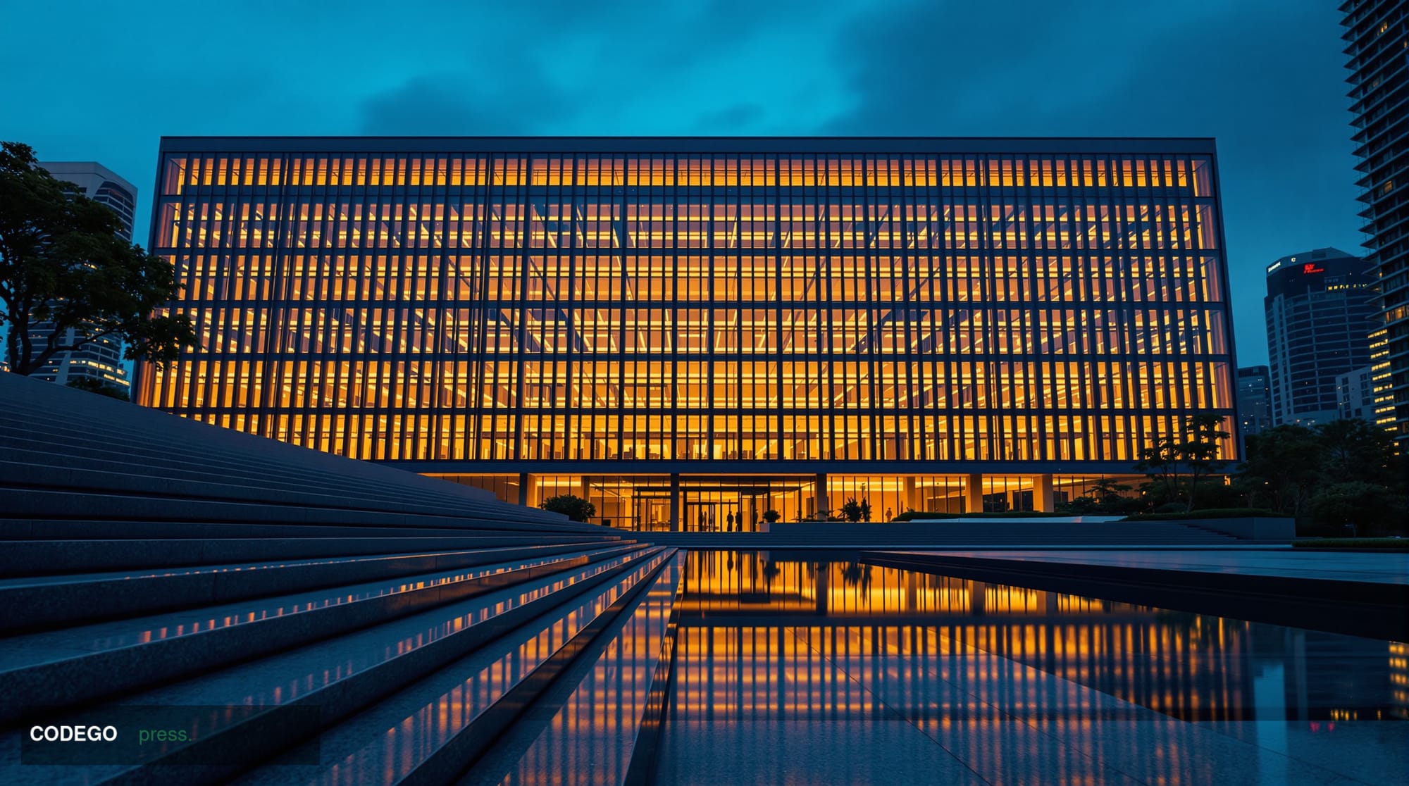 A dramatic exterior shot of a monumental modernist financial regulatory building in Singapore's central business district at 