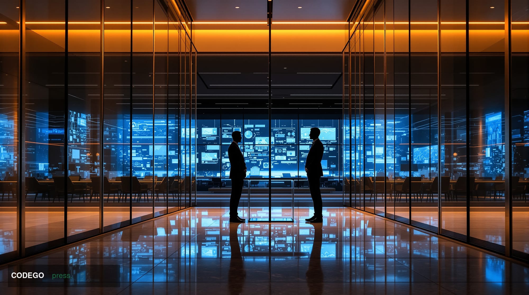 A photorealistic editorial photograph depicting a sleek, modern financial technology operations center viewed through floor-t