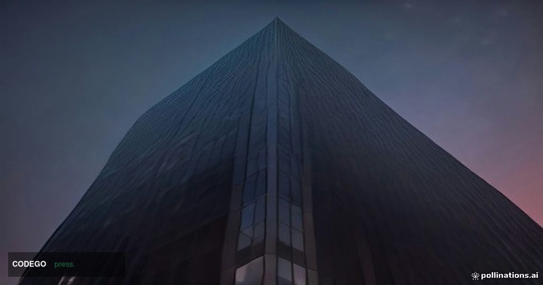A cinematic editorial photograph shot at eye level looking upward at a sleek, modern corporate glass tower at dusk, represent