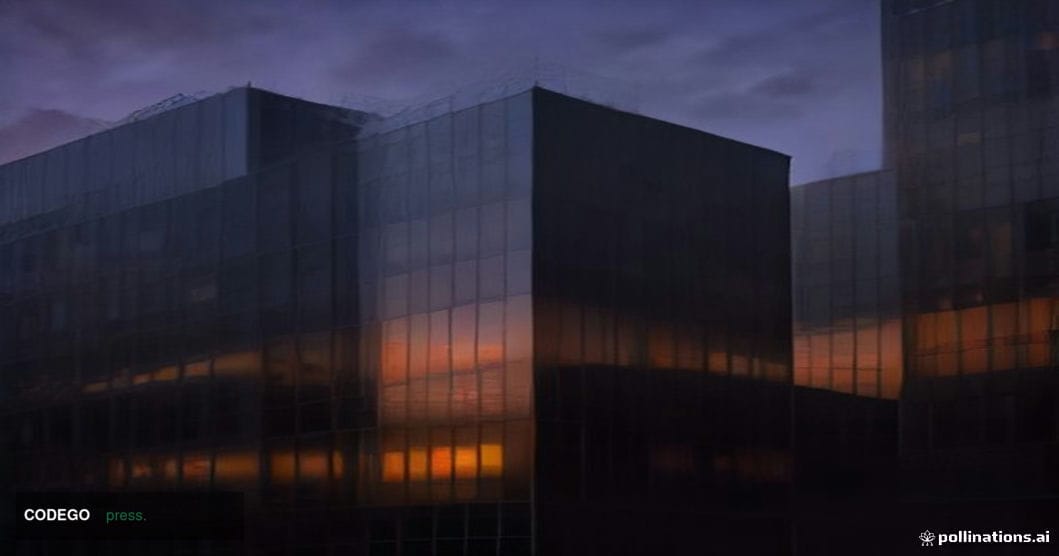 A cinematic editorial photograph shot at a wide angle from street level looking up at a sleek modern financial technology con