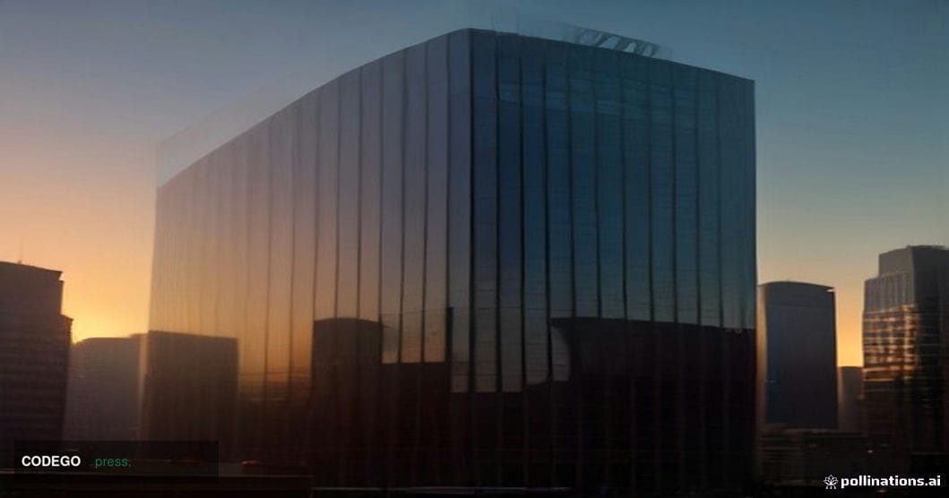 A cinematic editorial photograph of a gleaming glass-and-steel corporate financial campus at dusk, modeled on Purchase, New Y