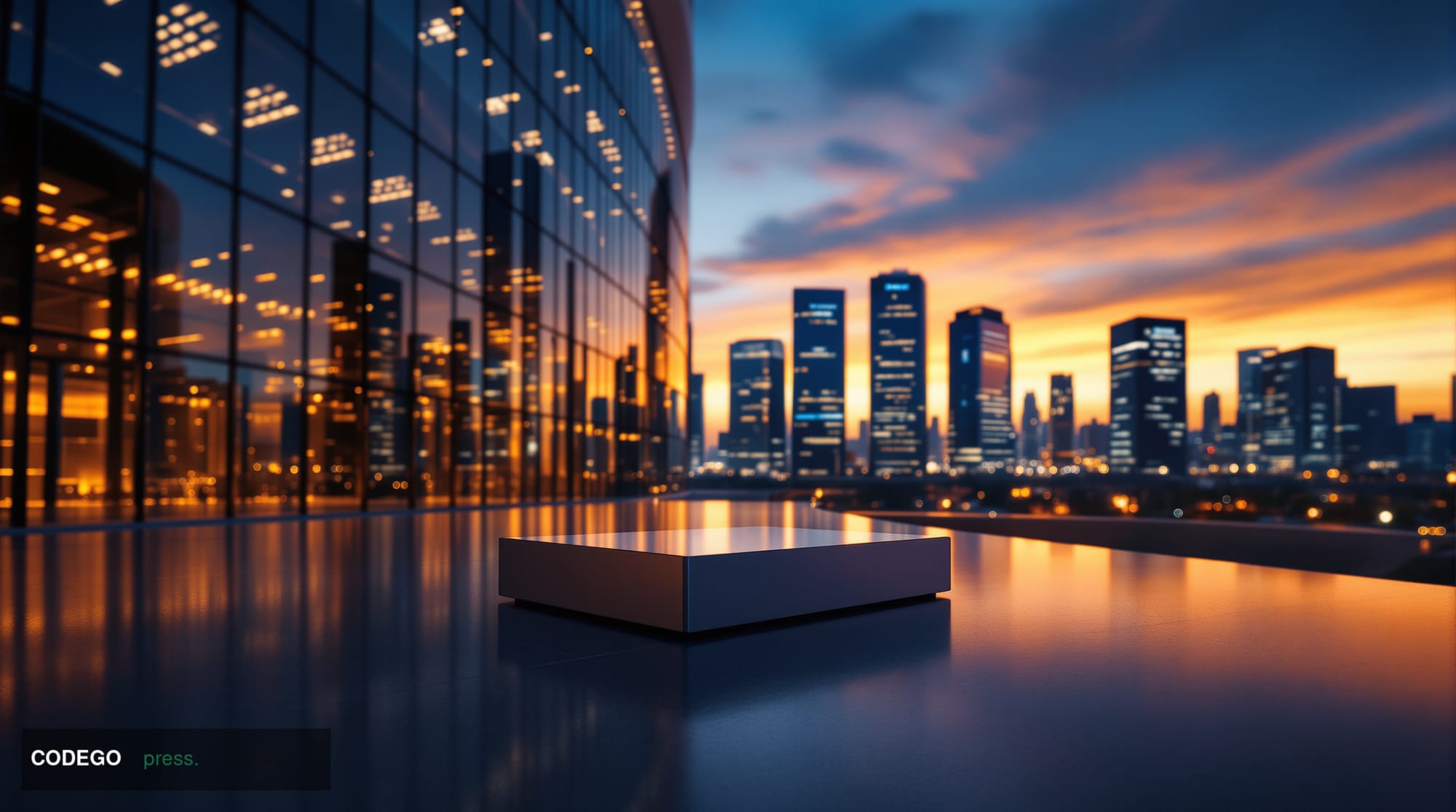 A sweeping cinematic aerial shot of a modern corporate financial campus at dusk, modeled on a large payments-company headquar