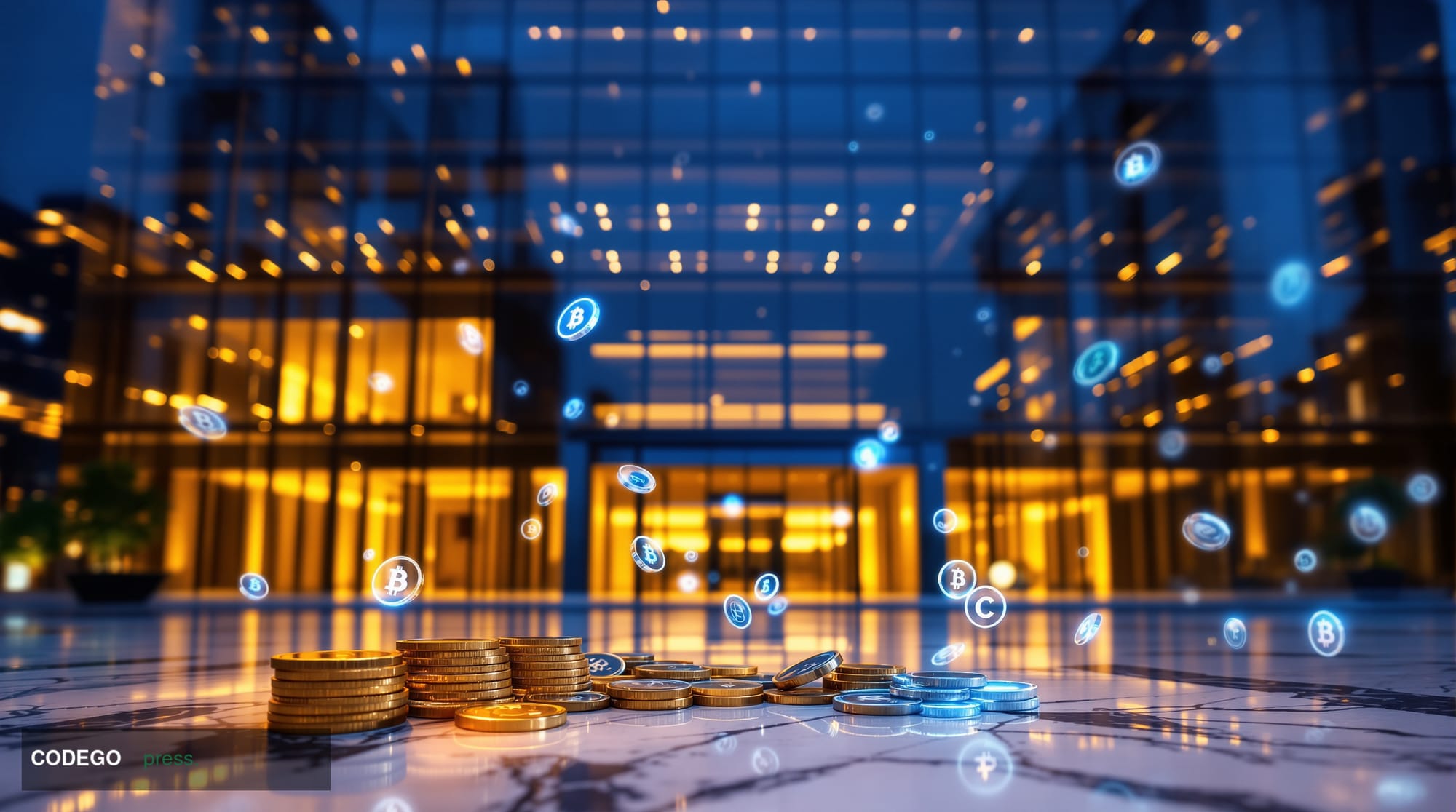 A cinematic editorial photograph of a sleek, modern financial technology campus at dusk, architectural glass facade reflectin