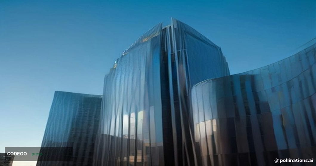 A cinematic editorial photograph taken at ground level looking upward along the curved glass facade of a major financial tech