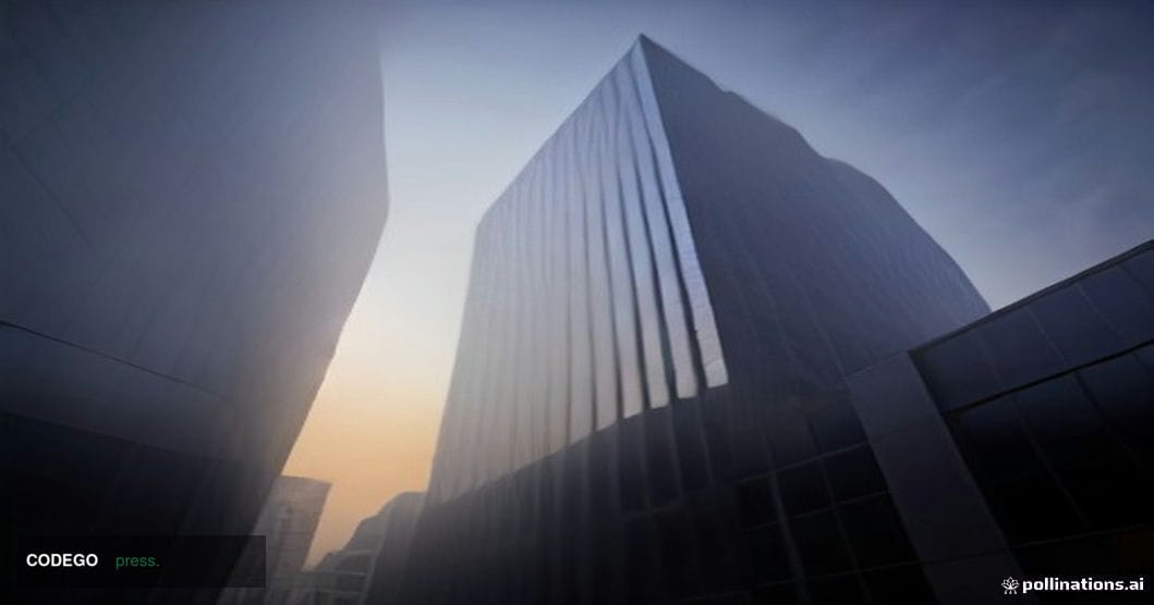 A cinematic editorial photograph shot at a slight low angle looking up at a sleek, modern corporate glass-and-steel campus bu