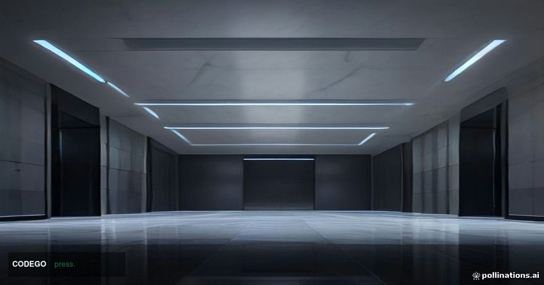 A sleek, ultra-modern financial technology conference hall interior photographed from a low dramatic angle, evoking the Money