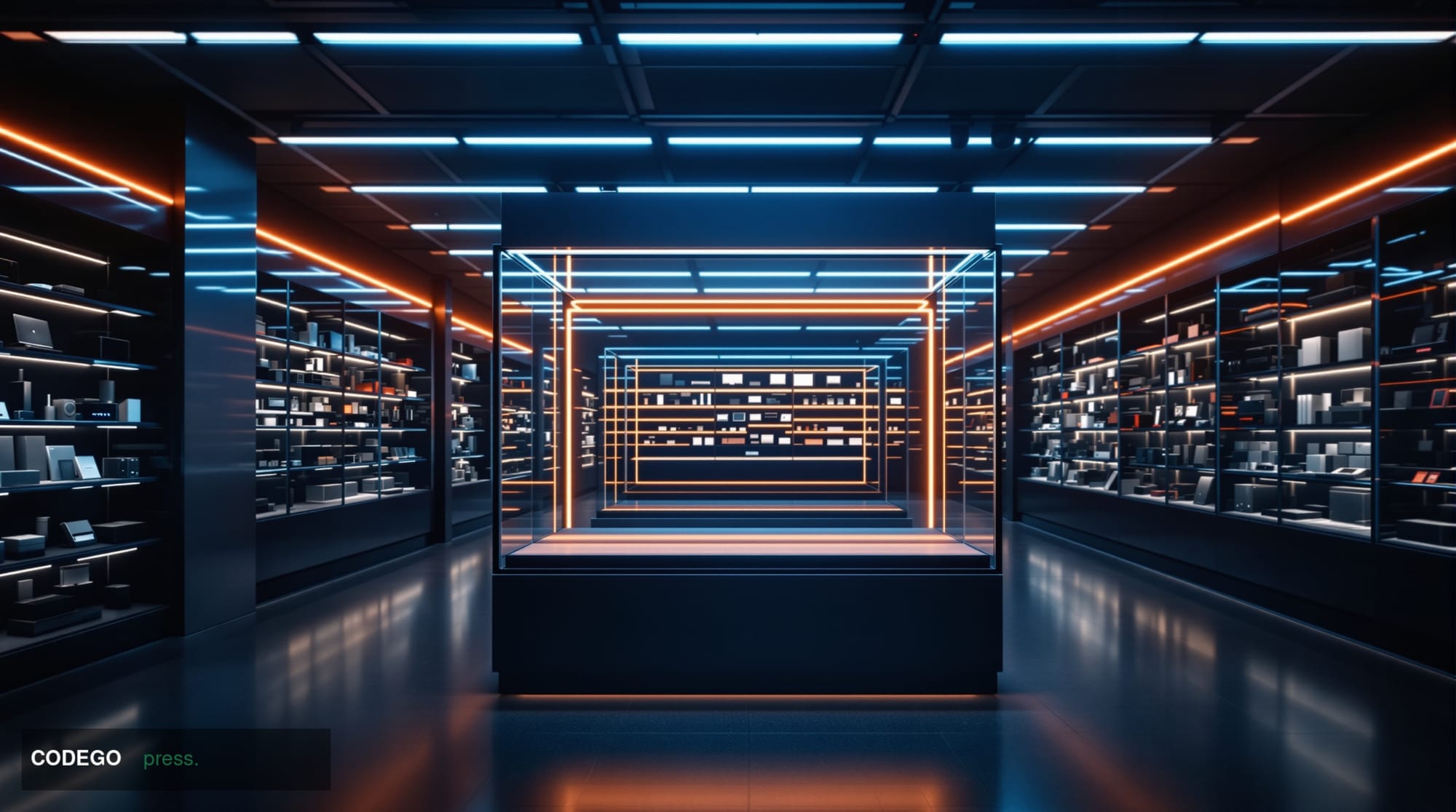 A dimly lit European electronics retail showroom interior, shelves of consumer tech hardware casting long shadows under cool 