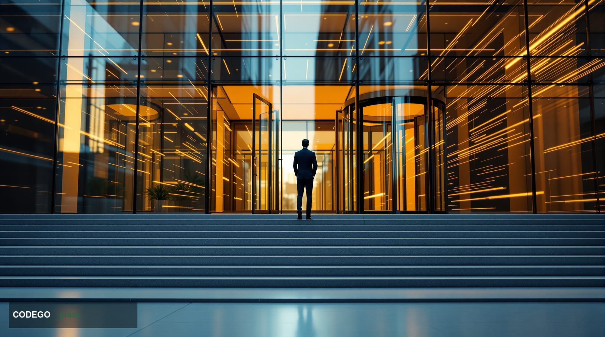 A cinematic editorial photograph of a sleek modern fintech corporate office exterior at golden hour, shot from a low angle lo