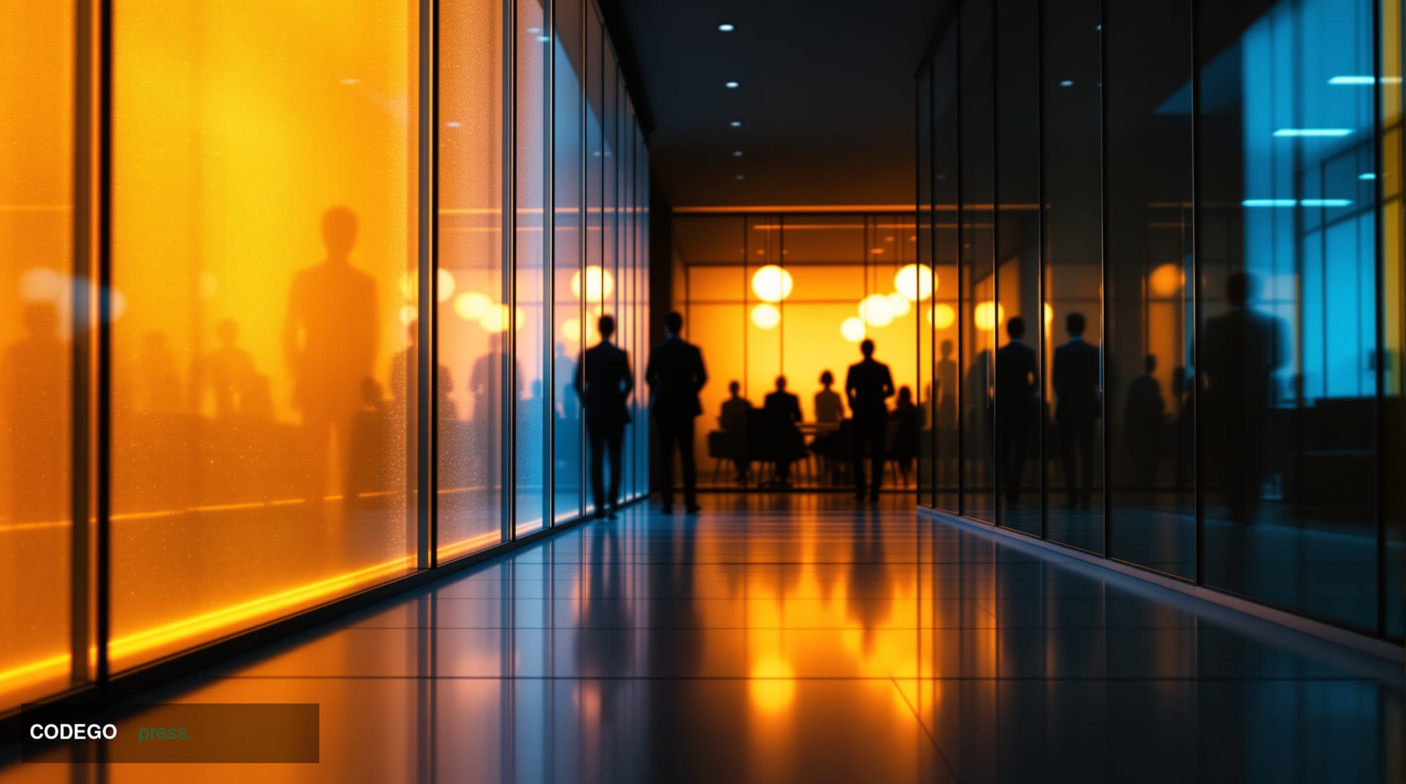 A cinematic editorial photograph of a sleek modern fintech office corridor in San Francisco, shot from a low angle looking up