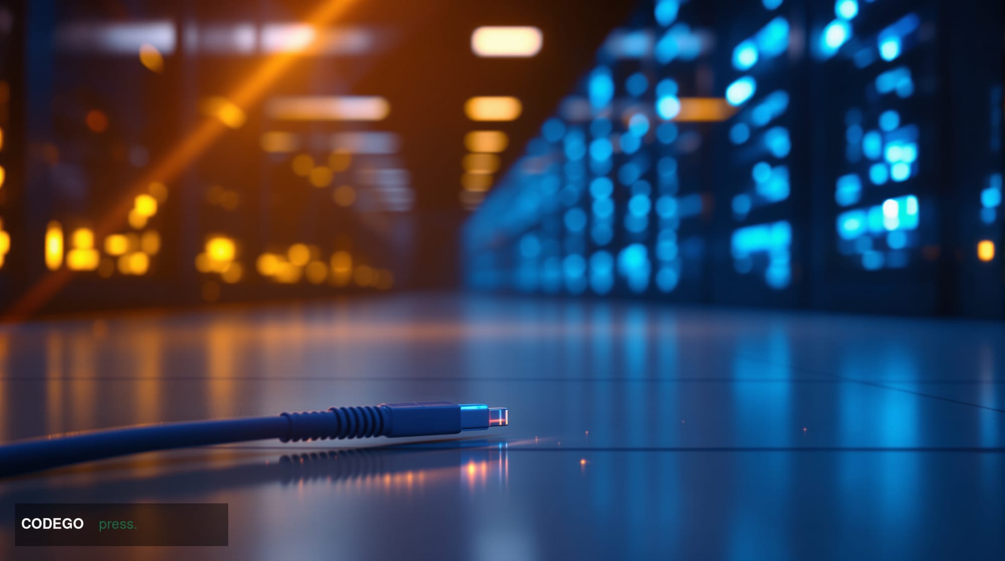 A cinematic editorial photograph of a sleek, modern data center corridor at night, shot from a low angle looking down a long 