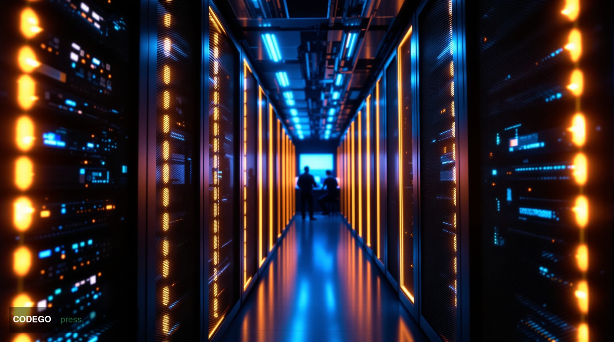 A cinematic editorial photograph depicting a sleek, dimly lit data center corridor bathed in cool blue and amber emergency li