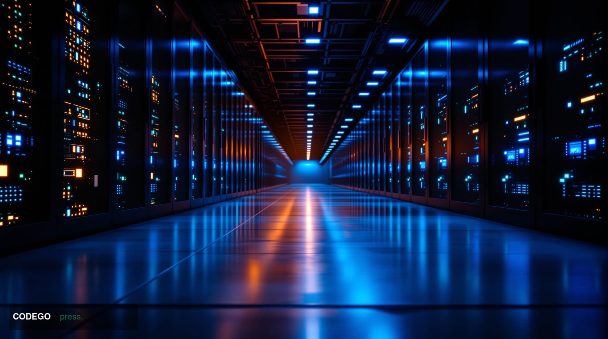A dramatic editorial photograph of a sleek, modern data center corridor in near-darkness, with rows of server racks illuminat