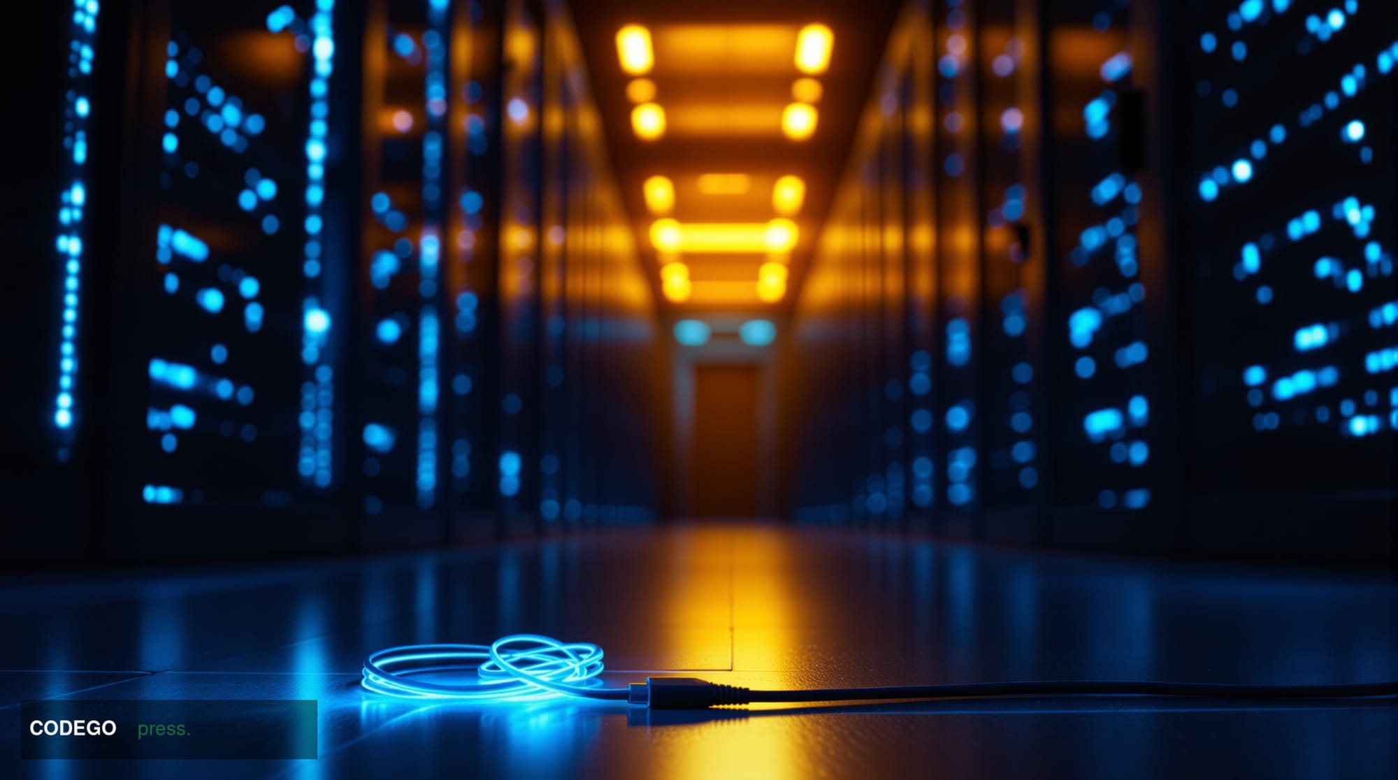 A dramatic cinematic editorial photograph of a sleek, dimly lit server room corridor representing blockchain infrastructure, 