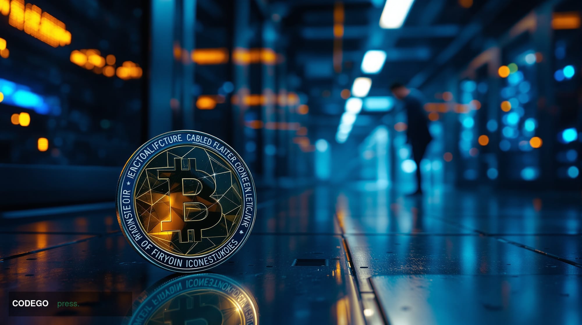 A cinematic editorial photograph set in a dimly lit, high-security data center corridor, with rows of server racks bathed in 