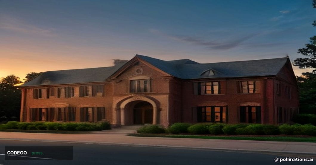 A stately red-brick community bank building in North Carolina's Piedmont region photographed at golden-hour dusk, warm amber 