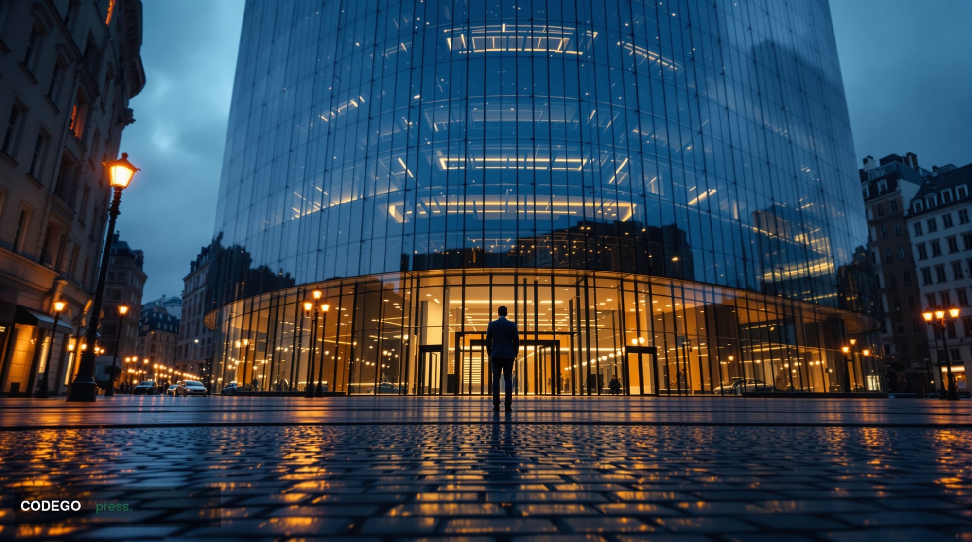 A cinematic editorial photograph set in a modern European financial district, capturing an austere glass-and-steel regulatory