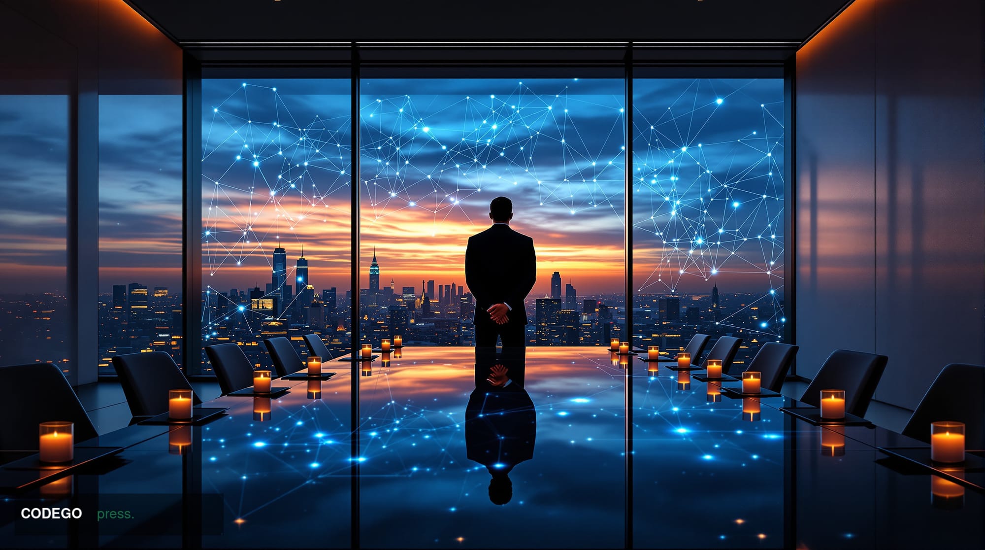 A cinematic editorial photograph set in a sleek, modern corporate boardroom interior with floor-to-ceiling glass walls overlo