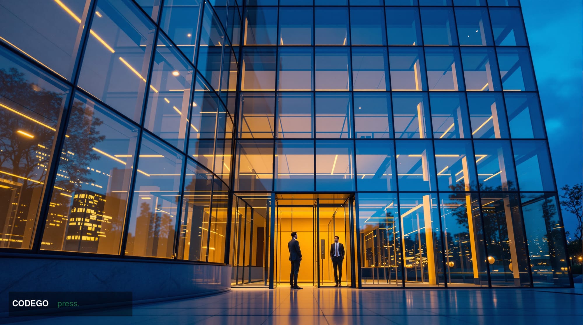 A cinematic editorial photograph of a sleek, modern San Francisco financial technology office building exterior at dusk, shot
