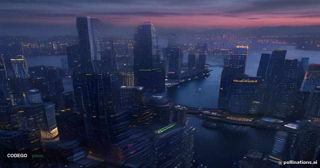 A dramatic cinematic editorial photograph capturing Hong Kong's iconic Victoria Harbour financial district at twilight, viewe