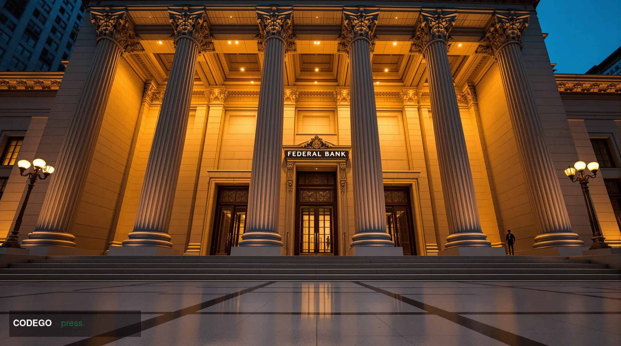 A cinematic editorial photograph of a grand neoclassical federal bank building facade shot from a low angle at dusk, its towe