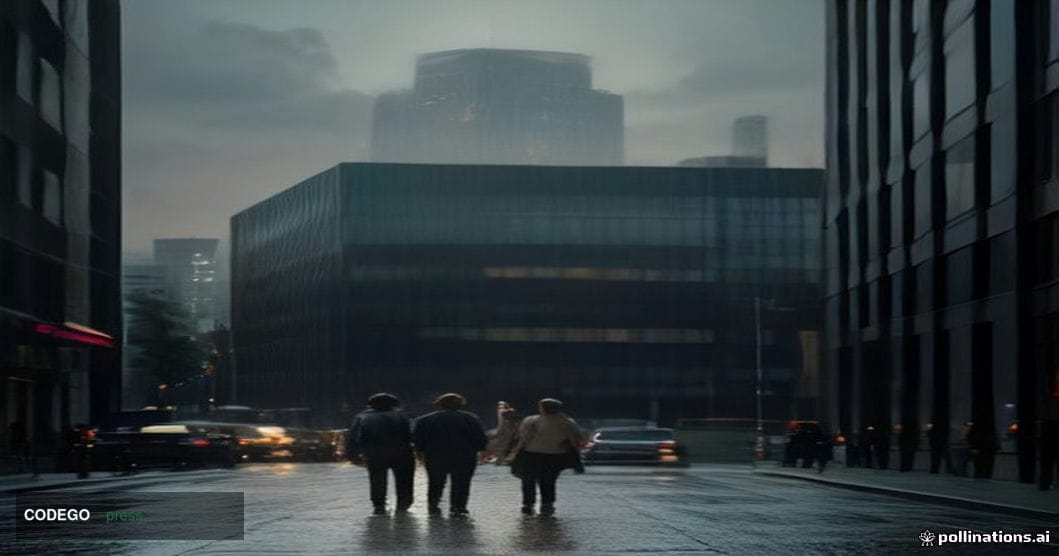 A cinematic editorial photograph depicting two distinct glass-and-steel banking headquarters facing each other across a wide 