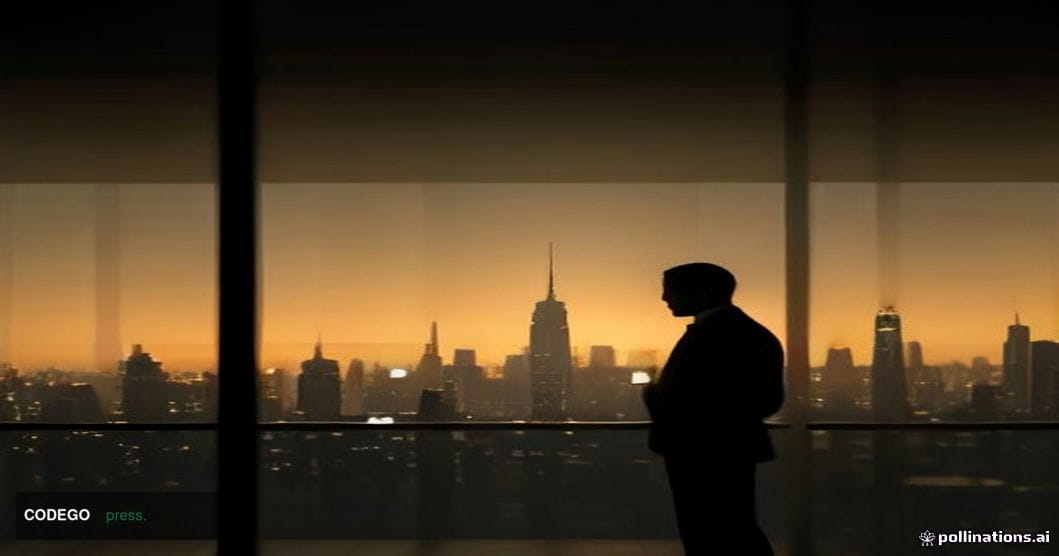 A cinematic editorial photograph set inside a dramatic, high-ceilinged financial institution interior — a sleek, modern wealt